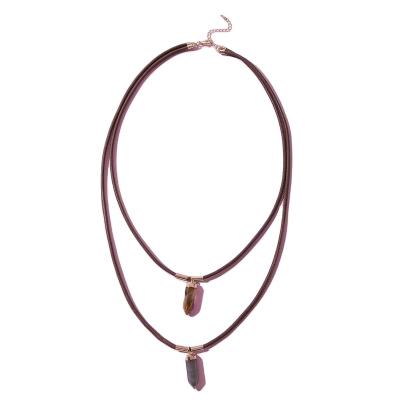 China New Arrival Eco Friendly Bohemian Wholesale Leather Necklaces Long With Resin Crystal Shaped Pendant 2 Layers Necklace For Women for sale