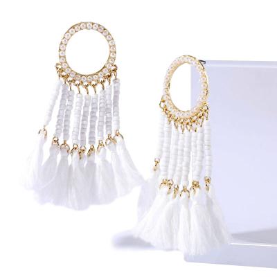 China BOHEMIA New Long Bohemian Earring Made With Tejido Fabric With White Post Earrings Cotton Tassel Woman Jewelry Drop Fashionable Accessories for sale