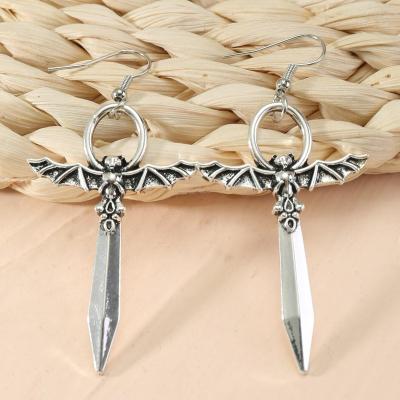 China Punk Fashion Customized Zinc Alloy Antique Bat Silver Plated Sword Shape Funny Designer Earrings 925 Ear Hook Earrings Wholesale for sale