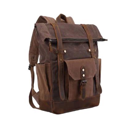 China Waterproof Roll Top Office Outdoor Backpack For Man Vintage Leather Hiking Bag Waxed Canvas Rucksack for sale