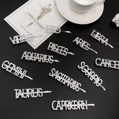 China New Hairpin Girl Bling Horoscope Hairpins Fake Stones Paved 12 Zodiac Hair Pins 12 Constellations Diamond Letter Hair Clips Hairgrips for sale