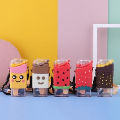 China Cute Kids Stocked Plastic Cups Cartoon Ice Cream With Strap Portable Plastic Popsicle Straw Water Cup Fashion Mugs Bottles for sale