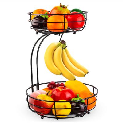 China Sustainable High Quality Black 2-Tier Countertop Fruit Vegetable Basket Storage Bowl With Banana Hanger for sale