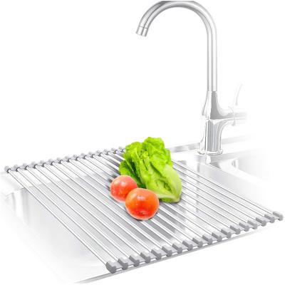 China Kitchen Sink Universal Collapsible Foldable Over Organizer Rolled Sink Stainless Steel Dish Drying Rack For Dish Bowl for sale