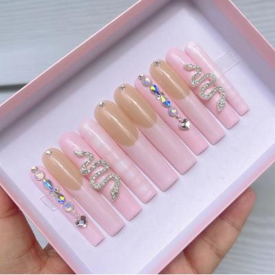 China Design Wholesale 24 Pcs Luxury High Quality Pink Fake Nails Press Designs Colorful Custom Nail Gel Press On Nails With Rhinestone for sale