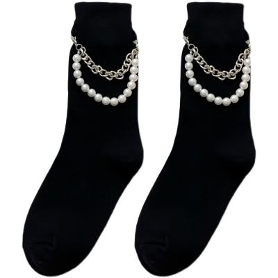 China Fashion personality high quality cotton mid-calf black unisex socks with chains and beads breathable street punk socks for sale