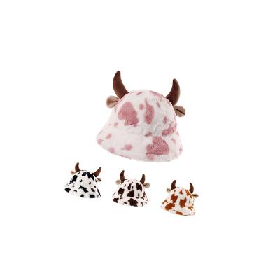 China Winter Cow Pattern Cow Pattern Fisherman Horn Print Fashion Plush Waterproof Female Thick Warm Hat Basin Cute Soft Warm Hat for sale