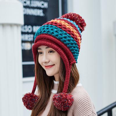 China Lovely Three Wool Ball Patchwork Color Waterproof Fleece Inside Warm Hearing Protection Knit Beanie Winter Hat For Girl Women for sale