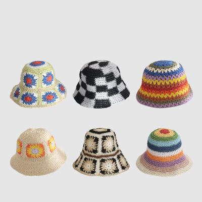 China Sunscreen Spring Summer Striped Rainbow New Hand Knitted Straw Crocheted Caps Outdoor Sun Fisherman Hats For Ladies for sale