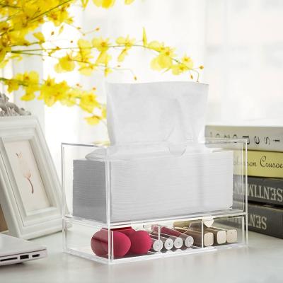 China Minimalist Modern Clear Acrylic Countertop Pull Out Storage Drawer Cosmetic Organizer Box With Tissue Dispenser for sale