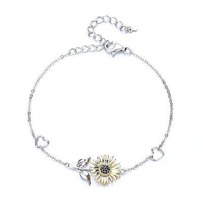 China 925 Sterling Silver Plated Rhodium Gold Sunflower Moissanite Charm Chain Link Bracelet Lead Free Nickel Free Adjustable Trendy Black Women for sale