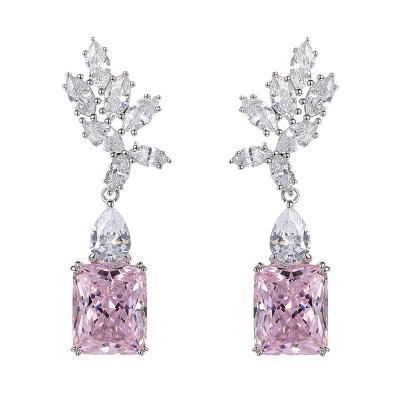 China Luxury Vintage Style Nordic Fine Jewelry 925 Sterling Silver Pink Princess Cut 5A Zircon Rhodium Plated Hook Drop Earrings For Women for sale