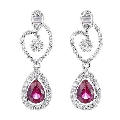 China New Fashion Environmental Friendly Light Luxury Rhodium Plated 925 Sterling Silver Designer 5A Red Zircon Drop Luster Earrings For Women Wedding for sale