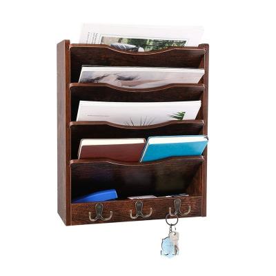 China China 5-Tier Wall Folder Wooden Rack Mail Organizer Wood Magazine Literature Hanging Rack with 6 Hooks for sale