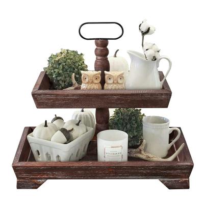 China Eco-Frendly Farmhouse Tray Stand Wooden 2 Tier Tiered Farmhouse Tray Decor Holder for sale