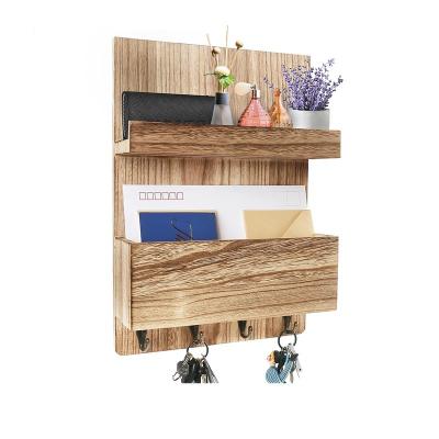 China Expandable Lightweight Oak Color Mail Organizer Wall Mount Floating Wooden Shelf and 4 Head Hooks for sale