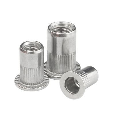 China Heavy industry 304 stainless steel flat head with knurled round blind rivet nut body open end and narrow end rivet nuts SS304 insert nut for sale