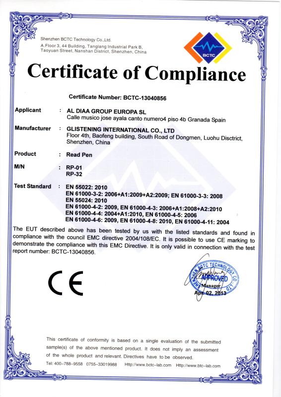 CE certification - Shenzhen Glistening Technology Company Limited