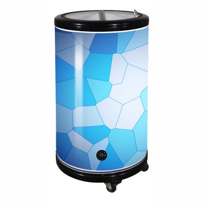 China Commerical Single-Temperature Can Shape Cooler Refrigerator Round Barrel Beverage Cooler With Wheels for sale