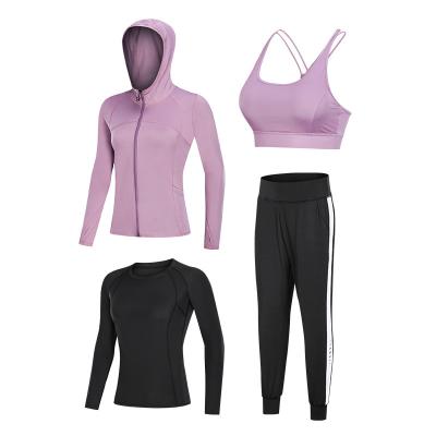 China Custom LOGO Women's Breathable Sportswear Bra Hooded Sports Jacket Yoga Suit Long Sleeve Fitness Yoga Suit Four-Piece Clothing Vest Tights for sale