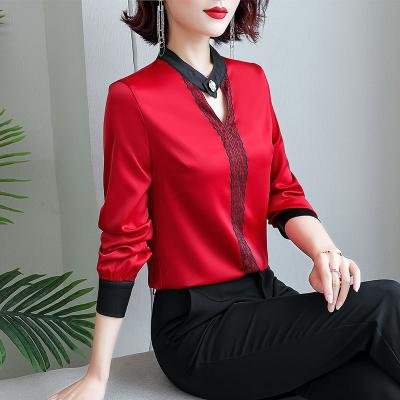 China Breathable Ladies Lace Up Button Shirt Cardigan Spring Chiffon Satin V-Neck Collar Design Long Sleeve Fashion Clothes for sale