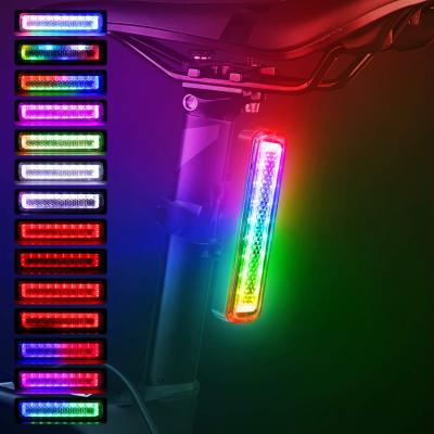 China Ultra Bright 14 Modes Rainbow Color Led Warning Bicycle Rear Light USB Ipx6 RGB Rechargeable Waterproof Bike Tail Light B46 for sale