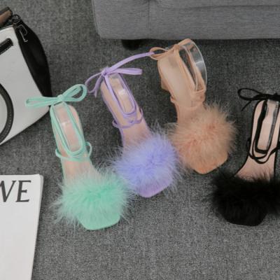 China Fashion trend ladies colorful pumps fur heeled sandals high heels shoes Tacones altos femeninos for sale