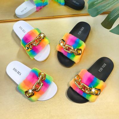 China Wholesale Fashion Trend Rainbow Fur Sandals Fashion Chain The Latest Slides Shoes Women Flat Slippers for sale