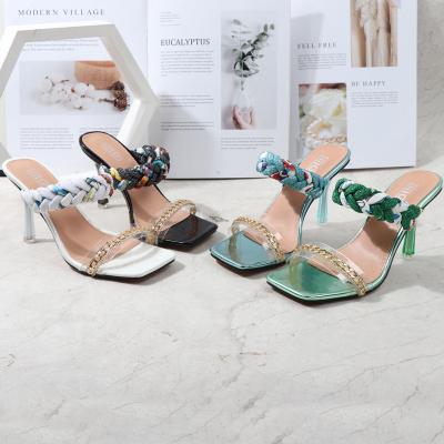 China 2021 Fashion Trend New Luxury Leather Square Open Toe Women Woven Gold Chain Pumps Heeled Ladies Heeled Sandals for sale