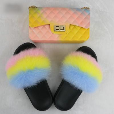 China New fashion trend color high quality luxury bag with fox fur slippers set women's sandals for sale