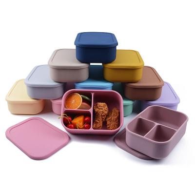 China Microwave Dishwasher Safe Eco Friendly Food Storage Container Portable 3 Compartment Leakproof Bpa Free Silicone Kids Bento Lunch Box Set for sale