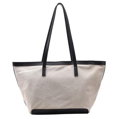 China Large Vintage White Women Ladies Tote Shopping Bag Leather Handle Cotton Canvas Tote Bag for sale