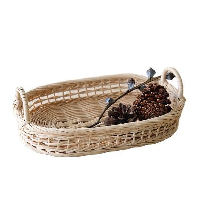 China Modern direct sales can be customized simple design style rattan food tray small white handle double tray oval pastoral tray for sale