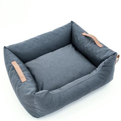 China Luxury Waterproof Custom Leather Rectangle Dog Bed With Hand Grip for sale