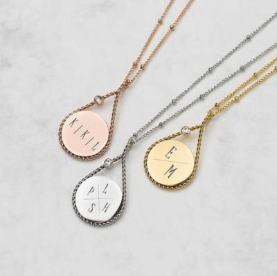 China Romantic Personalized 18k Gold Plated Custom Engraved Coin Initial Diamond Pendant Necklace For Women for sale