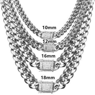 China Hiphop Men's Hip Hop Diamond Clasp Stainless Steel Miami Cuban Link Restrictor Chain Necklace 6mm-18mm for sale