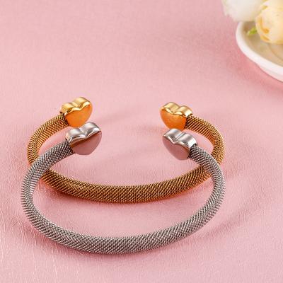 China Popular Women FASHIONABLE Mesh Cuff Stainless Steel Gold Heart Open Bangle for sale