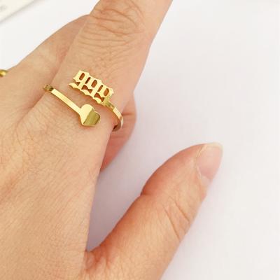 China Hiphop High Quality Gold Plated Stainless Steel Number Lucky Heart Open Ring for sale