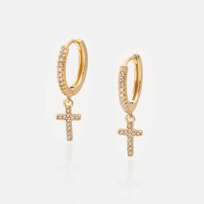 China Religious Earings 2021 Simple 18k Gold Plated Cross Earrings Fashion Zircon Stud Earrings Women Personality for sale