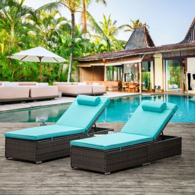 China Hot Selling Durable/Waterproof 2 Pcs Furniture Set PE Wicker Sun Lounge Adjustable Back Chaise Outdoor Recliner With Side Table And Headrest for sale