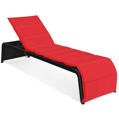 China Modern Patio Chaise Lounge Chair With Red Cushion Durable/Waterproof Black Rattan Wicker For Poolside Furniture Set for sale