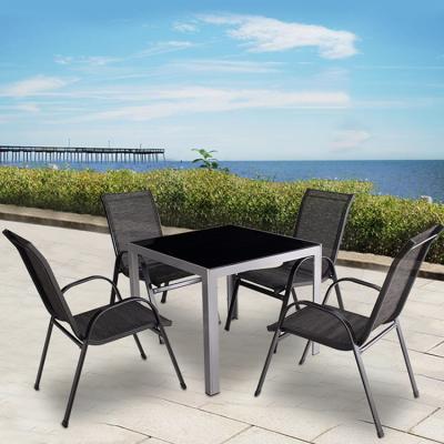 China Cheap Outdoor Durable Garden Patio Furniture Aluminum / Waterproof Hot Sale Dining Glass Table Chairs Set For 5 Seat Restaurant Set for sale