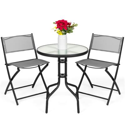 China Waterproof Durable 3-Piece Patio Bistro Dining Furniture Set With Round Textured Glass Folding Table Chairs For Outdoor Garden for sale