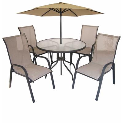 China Durable / Waterproof Outdoor Furniture Teslin Patio Brown Metal Garden Dining Table And Chairs Set With Umbrella for sale