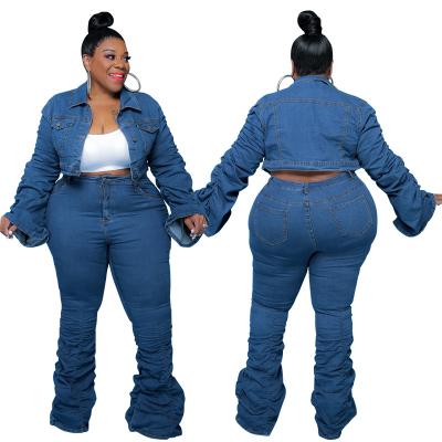 China 2021 European and American Amazon anti-static plus size women's autumn and winter new denim pleated pile JEANS pants two-piece set for sale