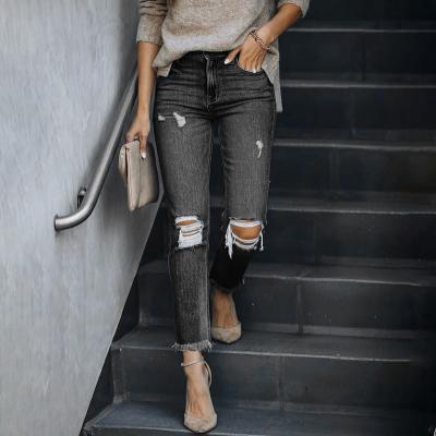 China Drop-shipping 2021 QUICK DRY hot selling A new style ripped small straight women fringed elastic mid-waist jeans for sale