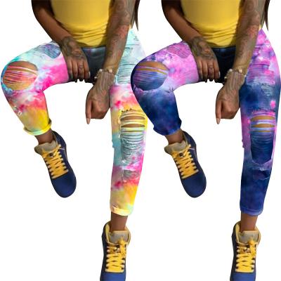 China Dropshipping QUICK DRY 2021 autumn and winter hot sale new tie-dye copy ripped high waist skinny women's jeans for sale