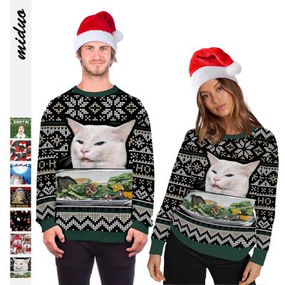 China Anti-wrinkle 2021 autumn and winter Christmas news fashion sweater women's long-sleeved tops digital round neck cat printing men's sweater for sale