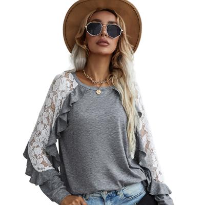 China Anti-wrinkle 2021 new autumn clothes women loosely lace up round neck solid color ladies casual T-shirts women long sleeve shirts blouses for sale