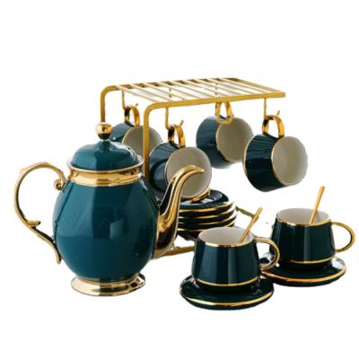 China Sustainable Hot-selling Luxury Porcelain 8pcs Coffee Tea Set With Gold Decor Ceramic Teapot And Cup Set for sale